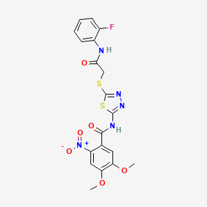 molecular formula C19H16FN5O6S2 B2923652 N-(5-((2-((2-氟苯基)氨基)-2-氧代乙基)硫代)-1,3,4-噻二唑-2-基)-4,5-二甲氧基-2-硝基苯甲酰胺 CAS No. 393571-34-1