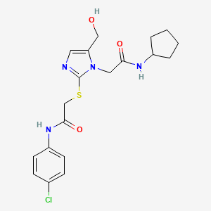 molecular formula C19H23ClN4O3S B2923720 2-[2-({2-[(4-chlorophenyl)amino]-2-oxoethyl}thio)-5-(hydroxymethyl)-1H-imidazol-1-yl]-N-cyclopentylacetamide CAS No. 923174-74-7