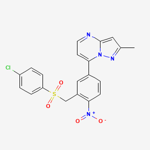 molecular formula C20H15ClN4O4S B2923767 4-Chlorophenyl 5-(2-methylpyrazolo[1,5-A]pyrimidin-7-YL)-2-nitrobenzyl sulfone CAS No. 691868-58-3