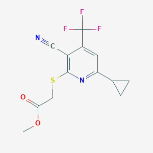 molecular formula C13H11F3N2O2S B2923806 2-[[3-氰基-6-环丙基-4-(三氟甲基)-2-吡啶基]硫基]乙酸甲酯 CAS No. 625377-45-9