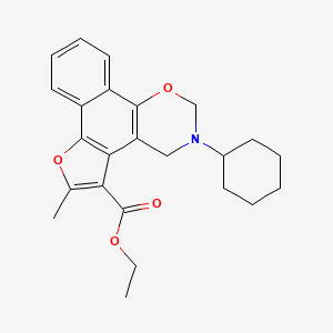 molecular formula C24H27NO4 B2923815 ethyl 3-cyclohexyl-6-methyl-3,4-dihydro-2H-furo[3',2':3,4]naphtho[2,1-e][1,3]oxazine-5-carboxylate CAS No. 371225-26-2