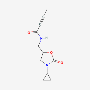 molecular formula C11H14N2O3 B2923936 N-[(3-Cyclopropyl-2-oxo-1,3-oxazolidin-5-yl)methyl]but-2-ynamide CAS No. 2411219-18-4