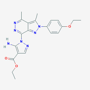 molecular formula C21H23N7O3 B292395 ethyl 5-amino-1-[2-(4-ethoxyphenyl)-3,4-dimethyl-2H-pyrazolo[3,4-d]pyridazin-7-yl]-1H-pyrazole-4-carboxylate 