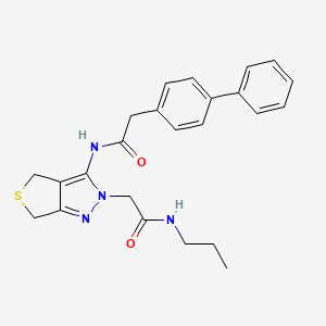 molecular formula C24H26N4O2S B2923959 2-([1,1'-biphenyl]-4-yl)-N-(2-(2-oxo-2-(propylamino)ethyl)-4,6-dihydro-2H-thieno[3,4-c]pyrazol-3-yl)acetamide CAS No. 1105203-64-2