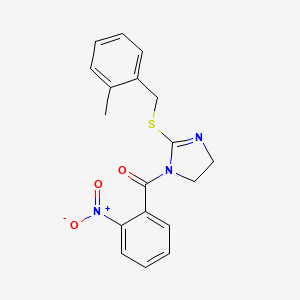 molecular formula C18H17N3O3S B2924002 (2-((2-methylbenzyl)thio)-4,5-dihydro-1H-imidazol-1-yl)(2-nitrophenyl)methanone CAS No. 851801-24-6