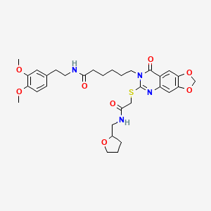molecular formula C32H40N4O8S B2924020 N-(3,4-dimethoxyphenethyl)-6-(8-oxo-6-((2-oxo-2-(((tetrahydrofuran-2-yl)methyl)amino)ethyl)thio)-[1,3]dioxolo[4,5-g]quinazolin-7(8H)-yl)hexanamide CAS No. 688061-66-7
