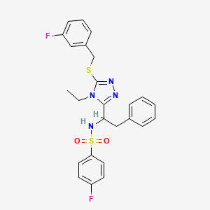 molecular formula C25H24F2N4O2S2 B2924028 N-(1-{4-ethyl-5-[(3-fluorobenzyl)sulfanyl]-4H-1,2,4-triazol-3-yl}-2-phenylethyl)-4-fluorobenzenesulfonamide CAS No. 338954-14-6