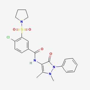 molecular formula C22H23ClN4O4S B2924116 4-chloro-N-(1,5-dimethyl-3-oxo-2-phenyl-2,3-dihydro-1H-pyrazol-4-yl)-3-(pyrrolidin-1-ylsulfonyl)benzamide CAS No. 877818-73-0
