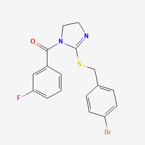 molecular formula C17H14BrFN2OS B2924174 [2-[(4-Bromophenyl)methylsulfanyl]-4,5-dihydroimidazol-1-yl]-(3-fluorophenyl)methanone CAS No. 851800-61-8