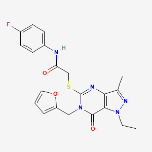 molecular formula C21H20FN5O3S B2924234 2-((1-ethyl-6-(furan-2-ylmethyl)-3-methyl-7-oxo-6,7-dihydro-1H-pyrazolo[4,3-d]pyrimidin-5-yl)thio)-N-(4-fluorophenyl)acetamide CAS No. 1359218-91-9