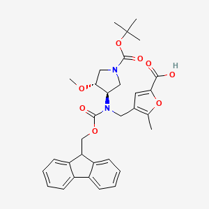 molecular formula C32H36N2O8 B2924252 4-[[9H-Fluoren-9-ylmethoxycarbonyl-[(3R,4R)-4-methoxy-1-[(2-methylpropan-2-yl)oxycarbonyl]pyrrolidin-3-yl]amino]methyl]-5-methylfuran-2-carboxylic acid CAS No. 2137030-08-9