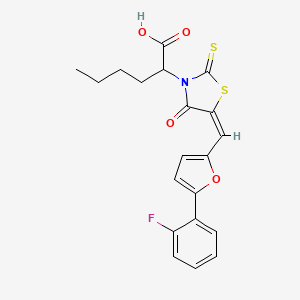 molecular formula C20H18FNO4S2 B2924302 (E)-2-(5-((5-(2-fluorophenyl)furan-2-yl)methylene)-4-oxo-2-thioxothiazolidin-3-yl)hexanoic acid CAS No. 951901-55-6