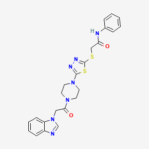 molecular formula C23H23N7O2S2 B2924389 2-((5-(4-(2-(1H-benzo[d]imidazol-1-yl)acetyl)piperazin-1-yl)-1,3,4-thiadiazol-2-yl)thio)-N-phenylacetamide CAS No. 1105198-63-7