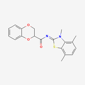 molecular formula C19H18N2O3S B2924402 (Z)-N-(3,4,7-三甲基苯并[d]噻唑-2(3H)-亚甲基)-2,3-二氢苯并[b][1,4]二噁英-2-甲酰胺 CAS No. 1322022-85-4
