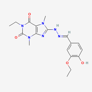 molecular formula C18H22N6O4 B2924500 (E)-8-(2-(3-乙氧基-4-羟基亚苄基)肼基)-1-乙基-3,7-二甲基-1H-嘌呤-2,6(3H,7H)-二酮 CAS No. 1203439-92-2