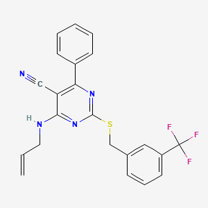 molecular formula C22H17F3N4S B2924531 4-(Allylamino)-6-phenyl-2-{[3-(trifluoromethyl)benzyl]sulfanyl}-5-pyrimidinecarbonitrile CAS No. 303985-67-3