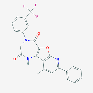 molecular formula C24H16F3N3O3 B292454 3-Methyl-5-phenyl-11-[3-(trifluoromethyl)phenyl]-8-oxa-6,11,14-triazatricyclo[7.5.0.02,7]tetradeca-1(9),2(7),3,5-tetraene-10,13-dione 