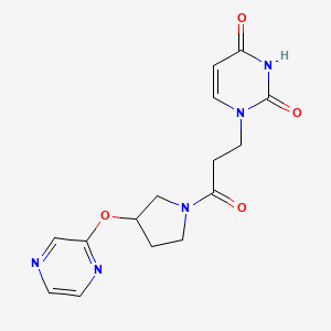 molecular formula C15H17N5O4 B2924593 1-(3-oxo-3-(3-(pyrazin-2-yloxy)pyrrolidin-1-yl)propyl)pyrimidine-2,4(1H,3H)-dione CAS No. 2034449-09-5
