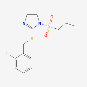 molecular formula C13H17FN2O2S2 B2924595 2-[(2-Fluorophenyl)methylsulfanyl]-1-propylsulfonyl-4,5-dihydroimidazole CAS No. 868218-49-9
