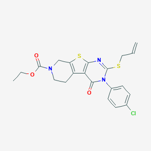 molecular formula C21H20ClN3O3S2 B292463 Ethyl 4-(4-chlorophenyl)-3-oxo-5-prop-2-enylsulfanyl-8-thia-4,6,11-triazatricyclo[7.4.0.02,7]trideca-1(9),2(7),5-triene-11-carboxylate 