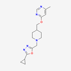molecular formula C17H23N5O2 B2924640 2-Cyclopropyl-5-((4-(((6-methylpyrimidin-4-yl)oxy)methyl)piperidin-1-yl)methyl)-1,3,4-oxadiazole CAS No. 2320142-71-8