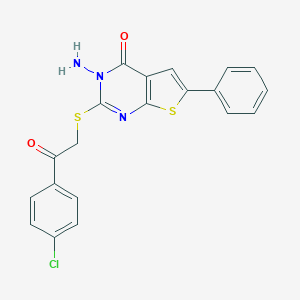 molecular formula C20H14ClN3O2S2 B292467 3-amino-2-{[2-(4-chlorophenyl)-2-oxoethyl]sulfanyl}-6-phenylthieno[2,3-d]pyrimidin-4(3H)-one 