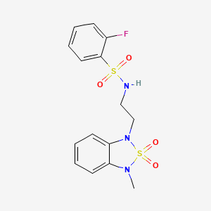 molecular formula C15H16FN3O4S2 B2924732 2-fluoro-N-(2-(3-methyl-2,2-dioxidobenzo[c][1,2,5]thiadiazol-1(3H)-yl)ethyl)benzenesulfonamide CAS No. 2034334-42-2