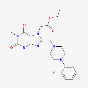 molecular formula C22H27FN6O4 B2924766 ethyl (8-{[4-(2-fluorophenyl)piperazin-1-yl]methyl}-1,3-dimethyl-2,6-dioxo-1,2,3,6-tetrahydro-7H-purin-7-yl)acetate CAS No. 838905-67-2