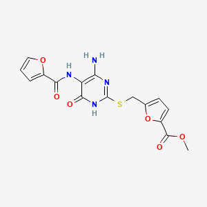 molecular formula C16H14N4O6S B2924768 Methyl 5-(((4-amino-5-(furan-2-carboxamido)-6-oxo-1,6-dihydropyrimidin-2-yl)thio)methyl)furan-2-carboxylate CAS No. 868226-62-4