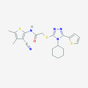 molecular formula C21H23N5OS3 B292481 N-(3-cyano-4,5-dimethyl-2-thienyl)-2-{[4-cyclohexyl-5-(2-thienyl)-4H-1,2,4-triazol-3-yl]sulfanyl}acetamide 