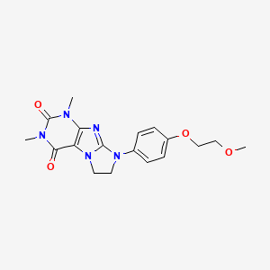 molecular formula C18H21N5O4 B2924815 8-[4-(2-Methoxyethoxy)phenyl]-1,3-dimethyl-1,3,5-trihydroimidazolidino[1,2-h]p urine-2,4-dione CAS No. 946360-90-3