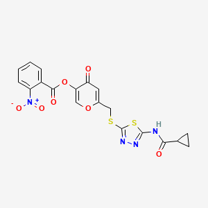 molecular formula C19H14N4O7S2 B2924821 6-(((5-(cyclopropanecarboxamido)-1,3,4-thiadiazol-2-yl)thio)methyl)-4-oxo-4H-pyran-3-yl 2-nitrobenzoate CAS No. 877651-42-8