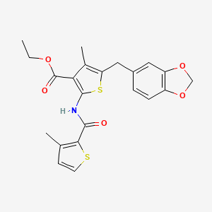 molecular formula C22H21NO5S2 B2924842 Ethyl 5-(1,3-benzodioxol-5-ylmethyl)-4-methyl-2-[(3-methylthiophene-2-carbonyl)amino]thiophene-3-carboxylate CAS No. 377764-55-1