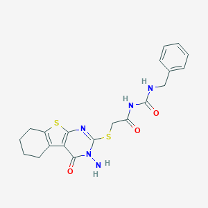 molecular formula C20H21N5O3S2 B292494 N-{[(3-amino-4-oxo-3,4,5,6,7,8-hexahydro[1]benzothieno[2,3-d]pyrimidin-2-yl)sulfanyl]acetyl}-N'-benzylurea 