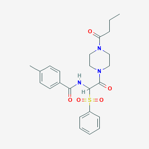 molecular formula C24H29N3O5S B2924980 N-[1-(benzenesulfonyl)-2-(4-butanoylpiperazin-1-yl)-2-oxoethyl]-4-methylbenzamide CAS No. 1042974-76-4