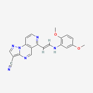 molecular formula C20H16N6O2 B2925019 10-[(E)-2-[(2,5-dimethoxyphenyl)amino]ethenyl]-2,3,7,11-tetraazatricyclo[7.4.0.0^{2,6}]trideca-1(9),3,5,7,10,12-hexaene-5-carbonitrile CAS No. 338966-87-3