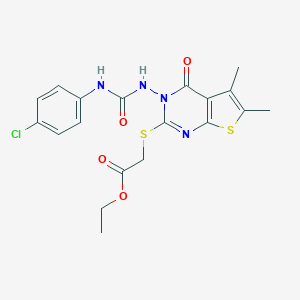 molecular formula C19H19ClN4O4S2 B292508 Ethyl [(3-{[(4-chloroanilino)carbonyl]amino}-5,6-dimethyl-4-oxo-3,4-dihydrothieno[2,3-d]pyrimidin-2-yl)sulfanyl]acetate 