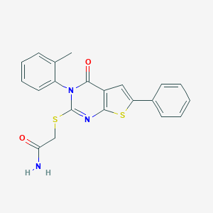 molecular formula C21H17N3O2S2 B292521 2-{[3-(2-Methylphenyl)-4-oxo-6-phenyl-3,4-dihydrothieno[2,3-d]pyrimidin-2-yl]sulfanyl}acetamide 
