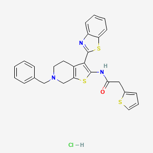 molecular formula C27H24ClN3OS3 B2925238 N-(3-(benzo[d]thiazol-2-yl)-6-benzyl-4,5,6,7-tetrahydrothieno[2,3-c]pyridin-2-yl)-2-(thiophen-2-yl)acetamide hydrochloride CAS No. 1329894-90-7