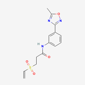 molecular formula C14H15N3O4S B2925243 3-Ethenylsulfonyl-N-[3-(5-methyl-1,2,4-oxadiazol-3-yl)phenyl]propanamide CAS No. 2224314-72-9