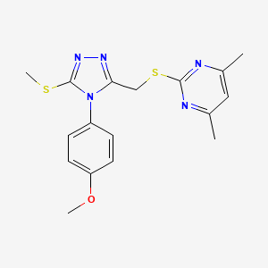 molecular formula C17H19N5OS2 B2925266 2-[[4-(4-Methoxyphenyl)-5-methylsulfanyl-1,2,4-triazol-3-yl]methylsulfanyl]-4,6-dimethylpyrimidine CAS No. 868222-16-6