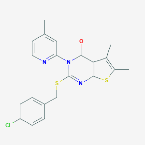 molecular formula C21H18ClN3OS2 B292529 2-[(4-chlorobenzyl)sulfanyl]-5,6-dimethyl-3-(4-methyl-2-pyridinyl)thieno[2,3-d]pyrimidin-4(3H)-one 