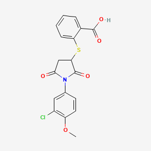 molecular formula C18H14ClNO5S B2925293 2-((1-(3-Chloro-4-methoxyphenyl)-2,5-dioxopyrrolidin-3-yl)thio)benzoic acid CAS No. 881483-53-0