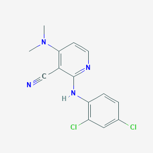 molecular formula C14H12Cl2N4 B2925318 2-(2,4-二氯苯胺基)-4-(二甲氨基)烟腈 CAS No. 338773-83-4