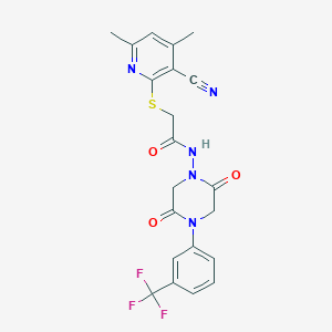 molecular formula C21H18F3N5O3S B292541 2-[(3-cyano-4,6-dimethyl-2-pyridinyl)sulfanyl]-N-{2,5-dioxo-4-[3-(trifluoromethyl)phenyl]-1-piperazinyl}acetamide 
