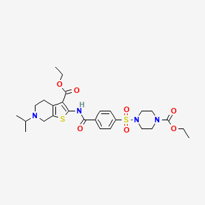 molecular formula C27H36N4O7S2 B2925420 Ethyl 2-(4-((4-(ethoxycarbonyl)piperazin-1-yl)sulfonyl)benzamido)-6-isopropyl-4,5,6,7-tetrahydrothieno[2,3-c]pyridine-3-carboxylate CAS No. 489470-89-5