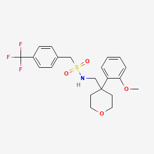 molecular formula C21H24F3NO4S B2925469 N-((4-(2-methoxyphenyl)tetrahydro-2H-pyran-4-yl)methyl)-1-(4-(trifluoromethyl)phenyl)methanesulfonamide CAS No. 1396854-85-5