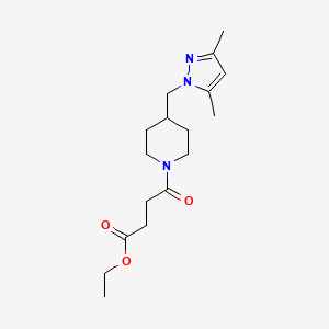 molecular formula C17H27N3O3 B2925550 ethyl 4-(4-((3,5-dimethyl-1H-pyrazol-1-yl)methyl)piperidin-1-yl)-4-oxobutanoate CAS No. 1286711-79-2