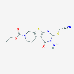 molecular formula C14H15N5O3S2 B292557 ethyl 3-amino-2-[(cyanomethyl)sulfanyl]-4-oxo-3,5,6,8-tetrahydropyrido[4',3':4,5]thieno[2,3-d]pyrimidine-7(4H)-carboxylate 