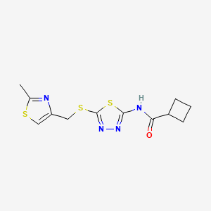 molecular formula C12H14N4OS3 B2925592 N-(5-(((2-methylthiazol-4-yl)methyl)thio)-1,3,4-thiadiazol-2-yl)cyclobutanecarboxamide CAS No. 1219912-49-8